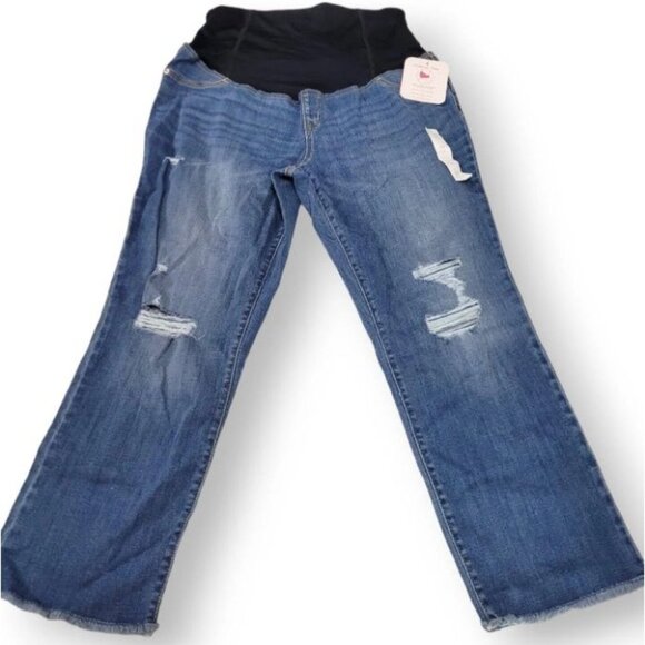 Isabel Maternity Over Belly Cropped Distressed Straight Maternity Jeans Blue 14 - Picture 5 of 12